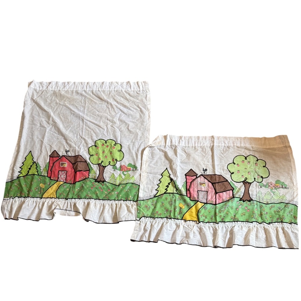 Vintage Country Barnyard Ruffle Kitchen Curtains Set Red Barn Apple Tree White